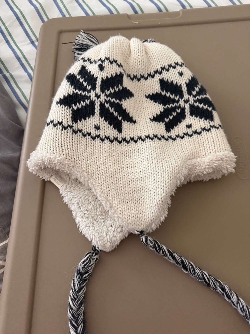 Kids Knit Earflap Hat with Black Snowflake Pattern - Cream